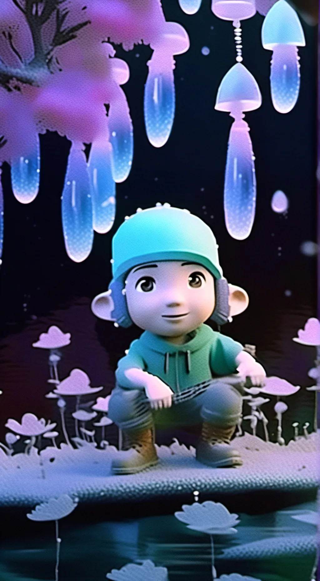 ai character: Dew drops. background