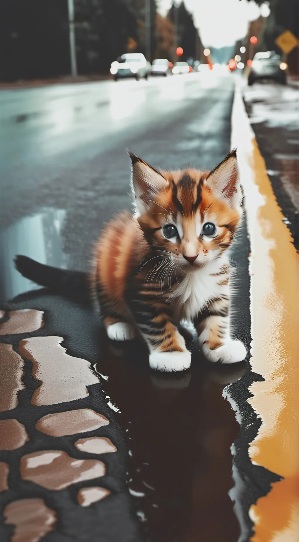 ai character:  houseless kitten  background