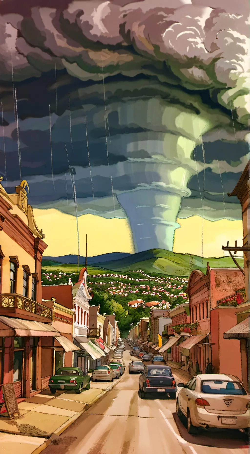 ai character: Tornado hit a town background