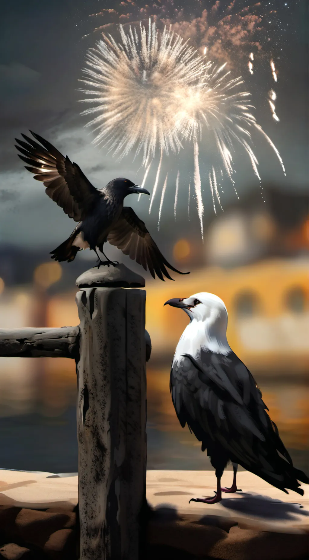 ai character: CROW AND SEAGULL 🤑 background