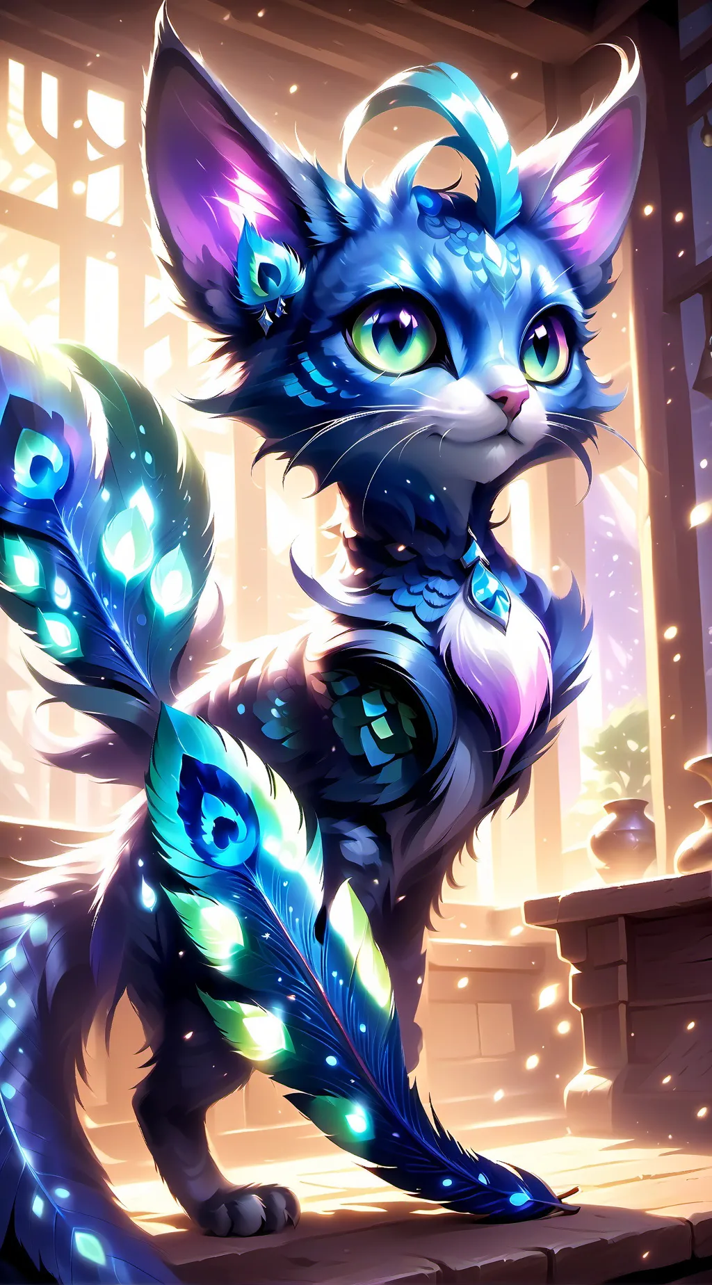 ai character: Feathered Feline Spirit background