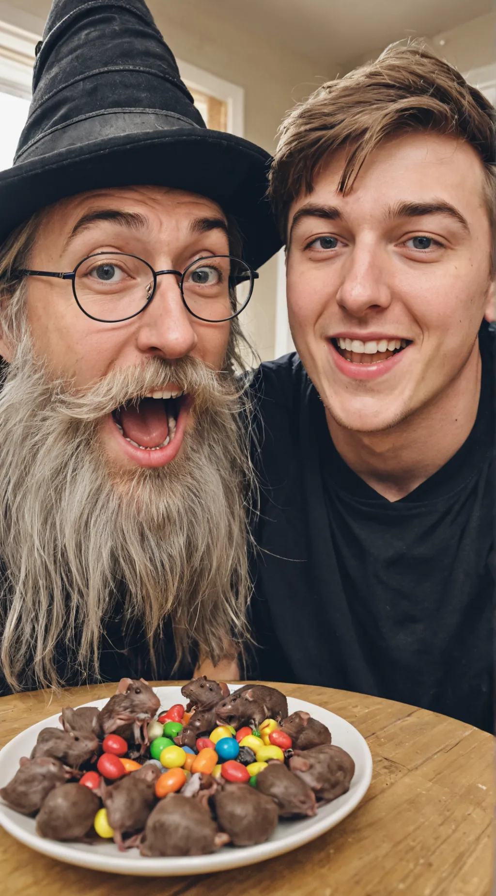 ai character: wizard eats candy  background