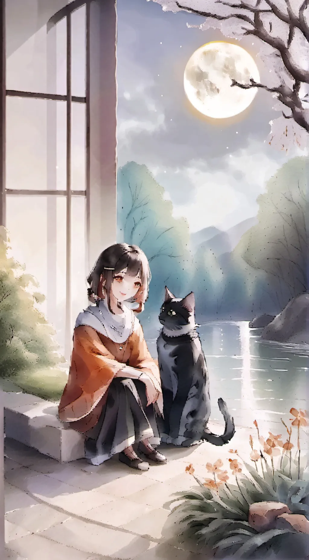 ai character: michi and moon background