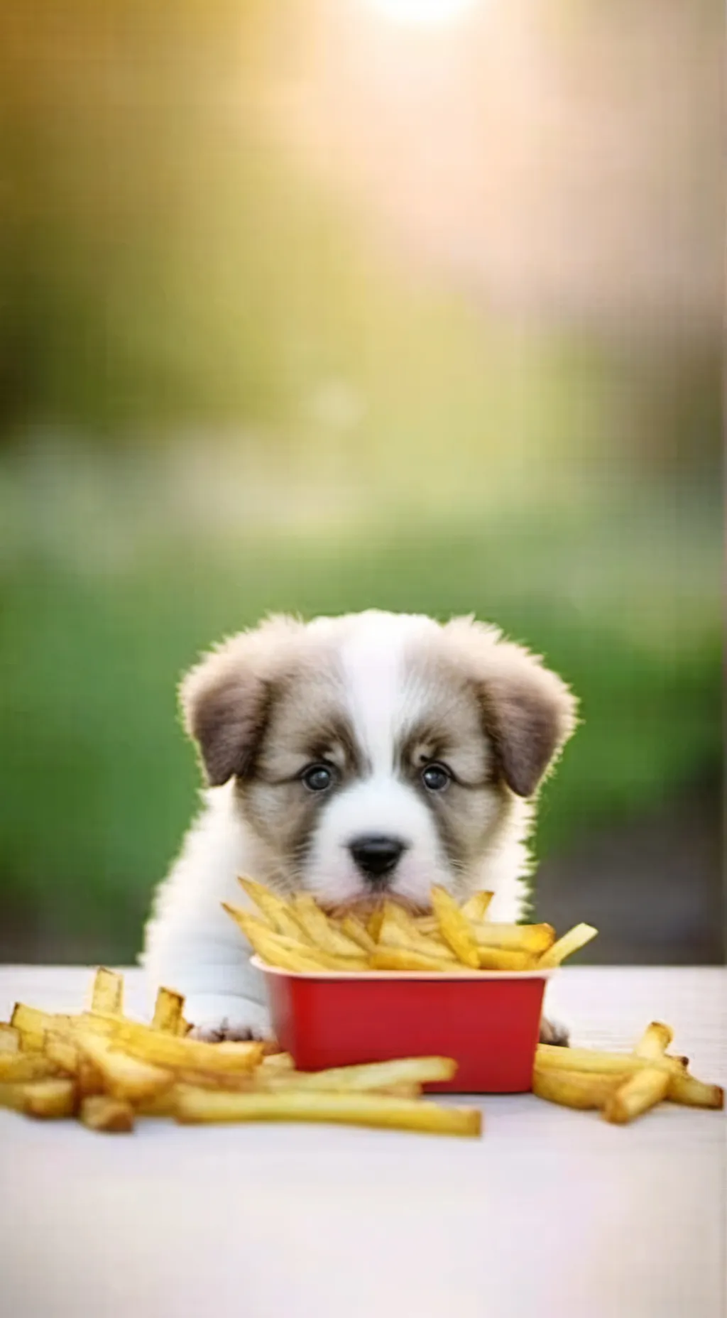 ai character: dogy eating fries background
