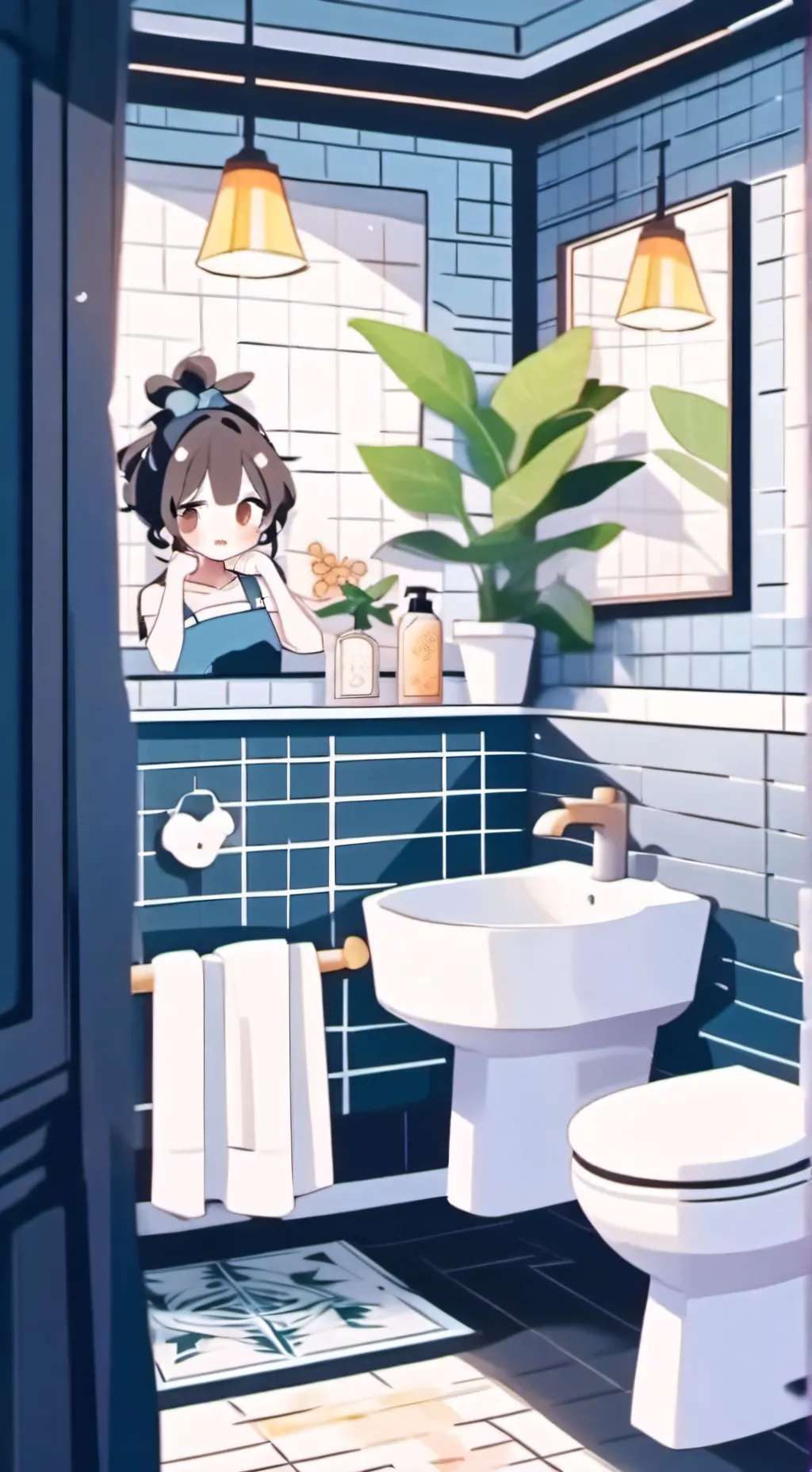 ai character: girls' bathroom background