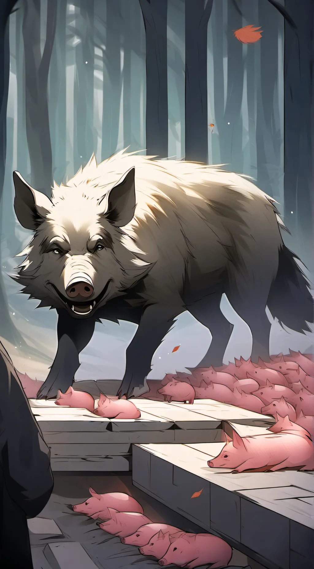 ai character: 3 little pig horro background