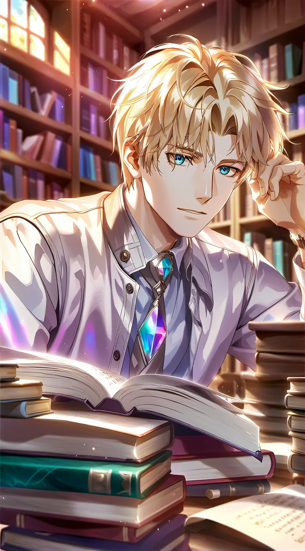 ai character: Blond Bookworm background