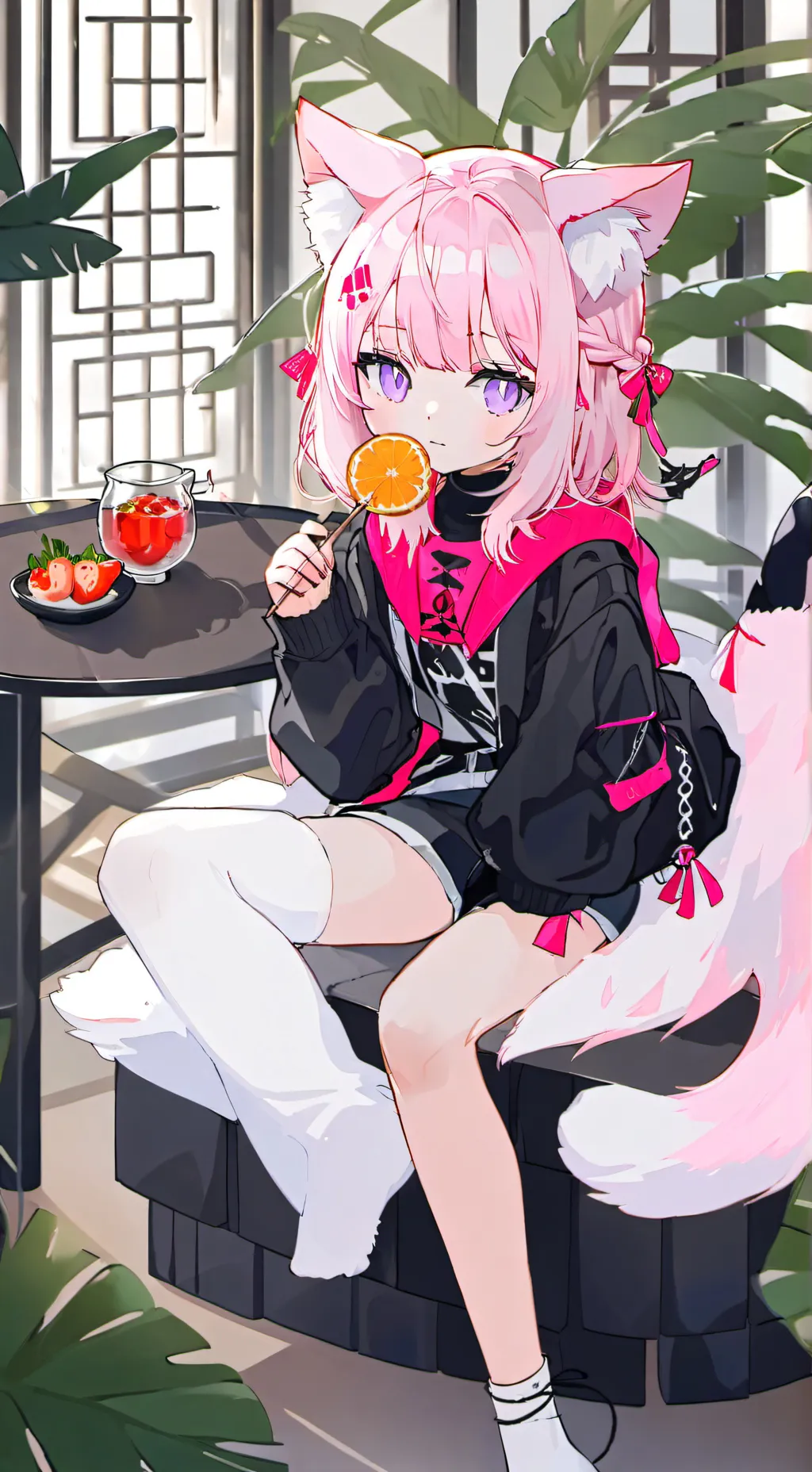 ai character: Fluffernoodle the Pink Cat Spirit background