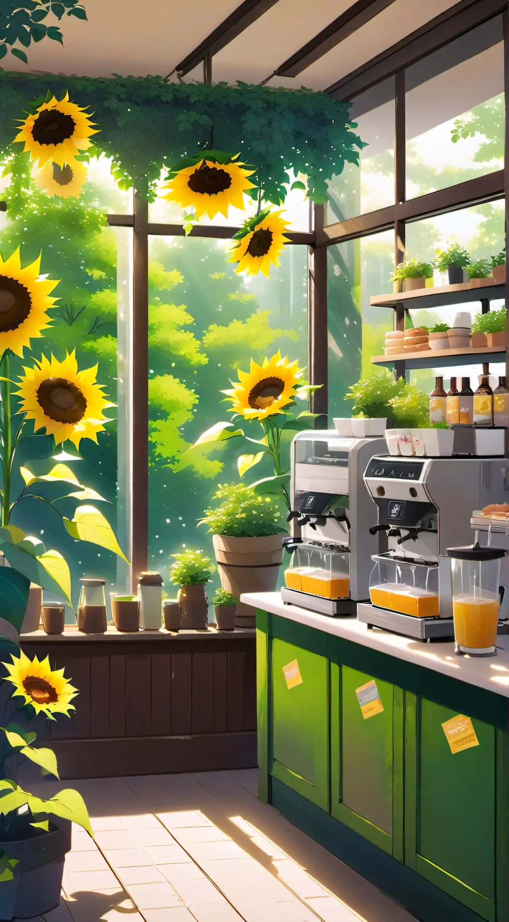 ai character: Sun heart Café background