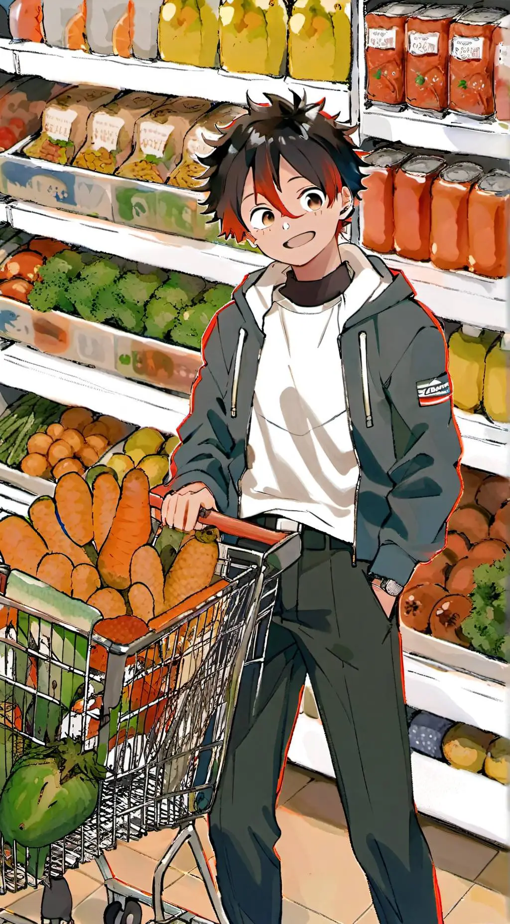 ai character: Mha in Supermarket background