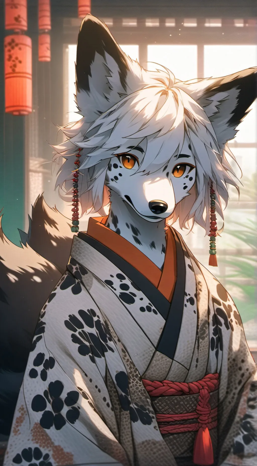 ai character: Kitsune Dalmatian Furry background