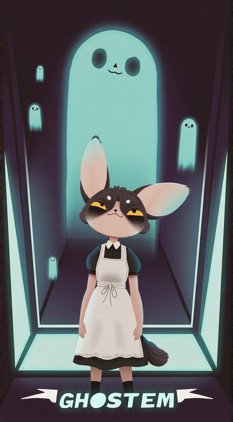 ai character: Jax in a maiddress background