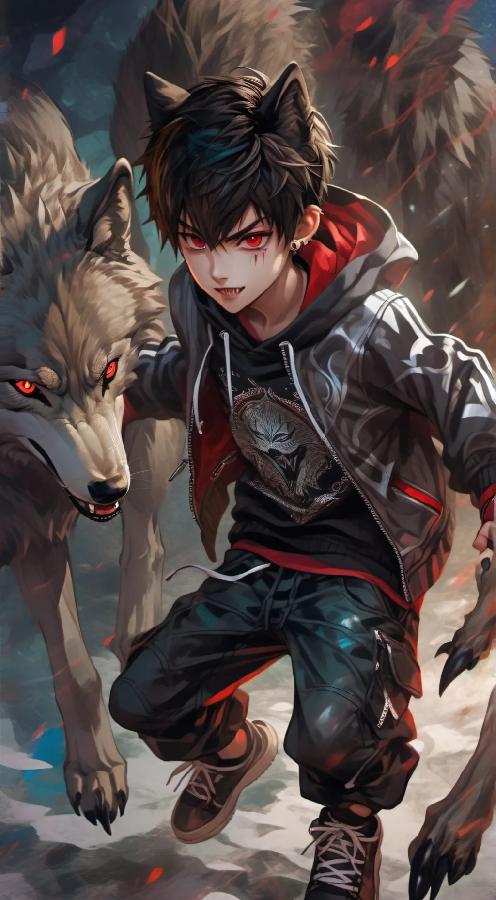 ai character: wolf hybrid ( boy) background