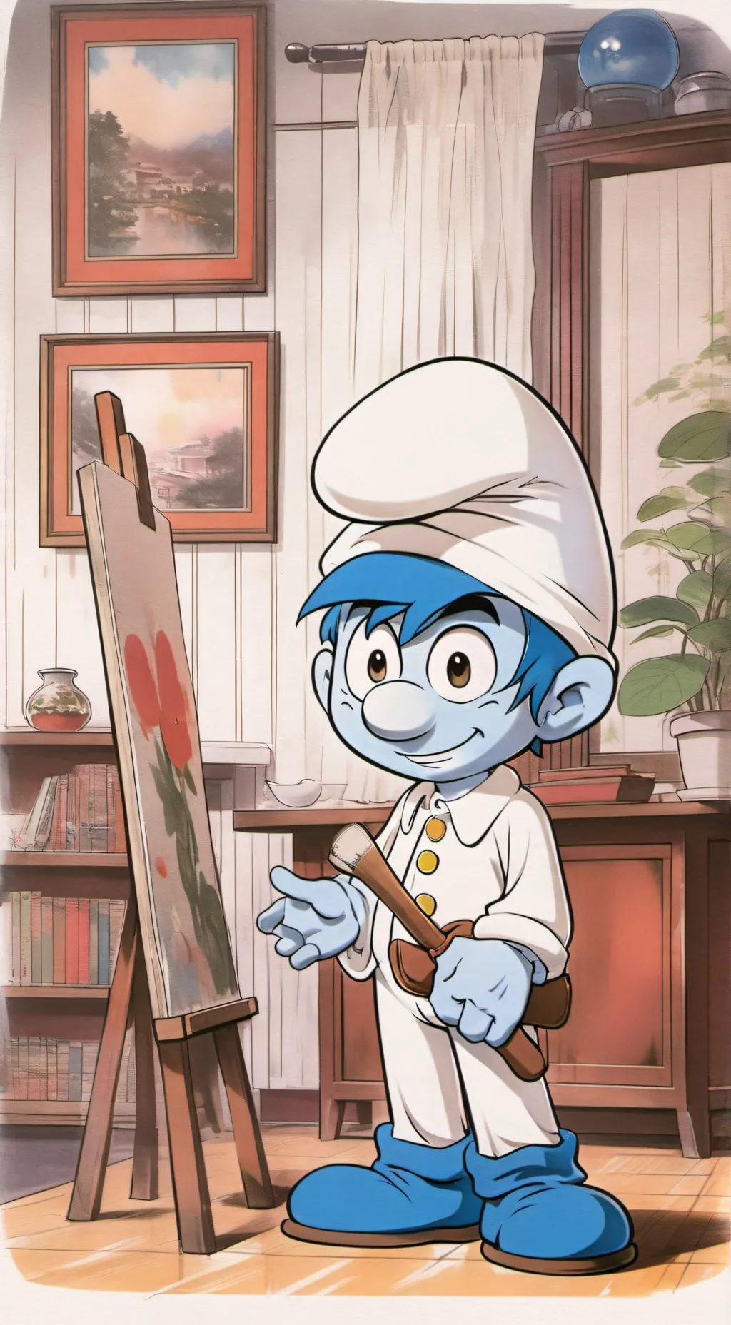 ai character: painter Smurf  background