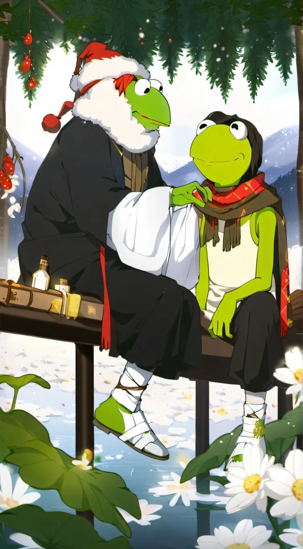 ai character: Christmas kermit  background