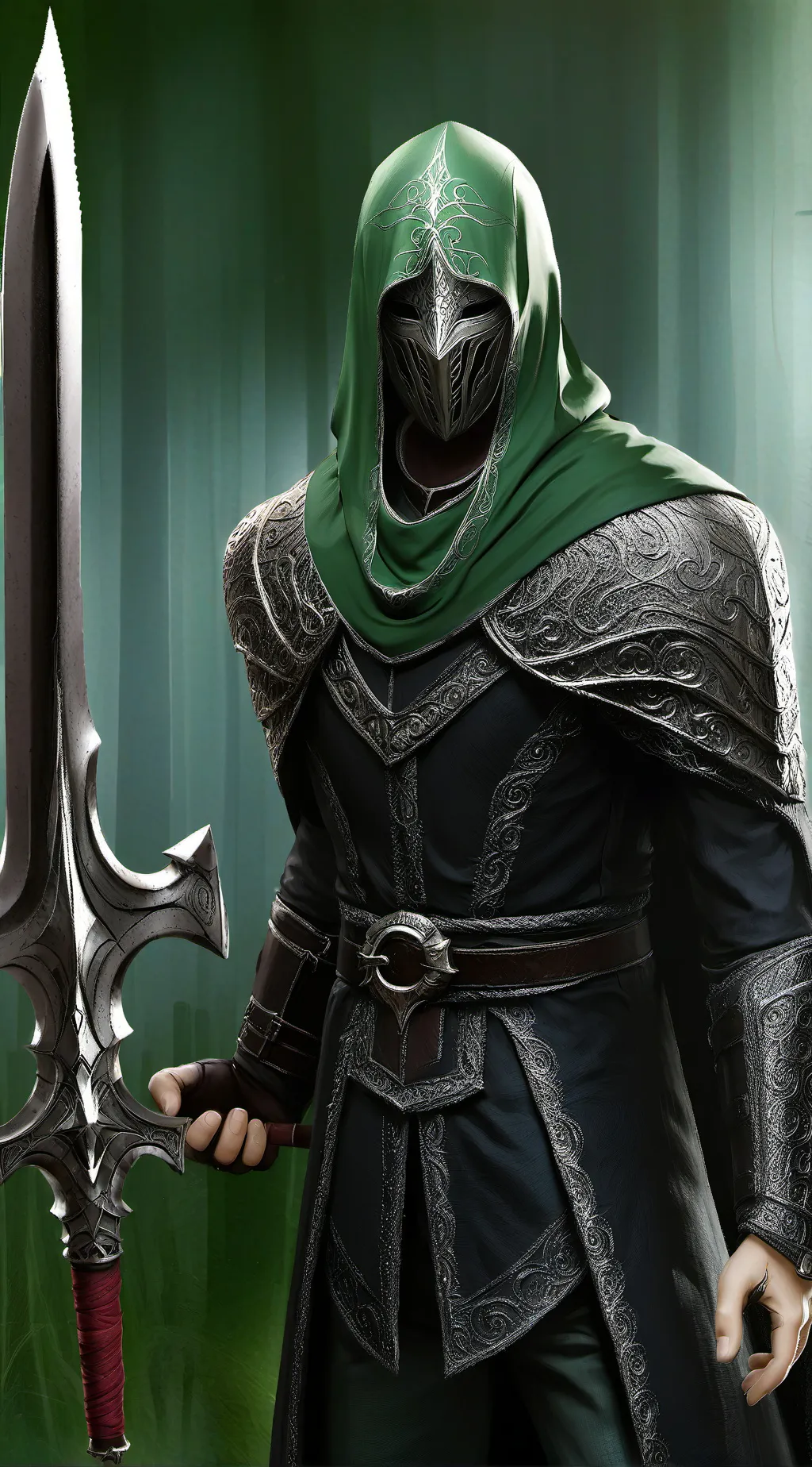 ai character: greenmasked black background