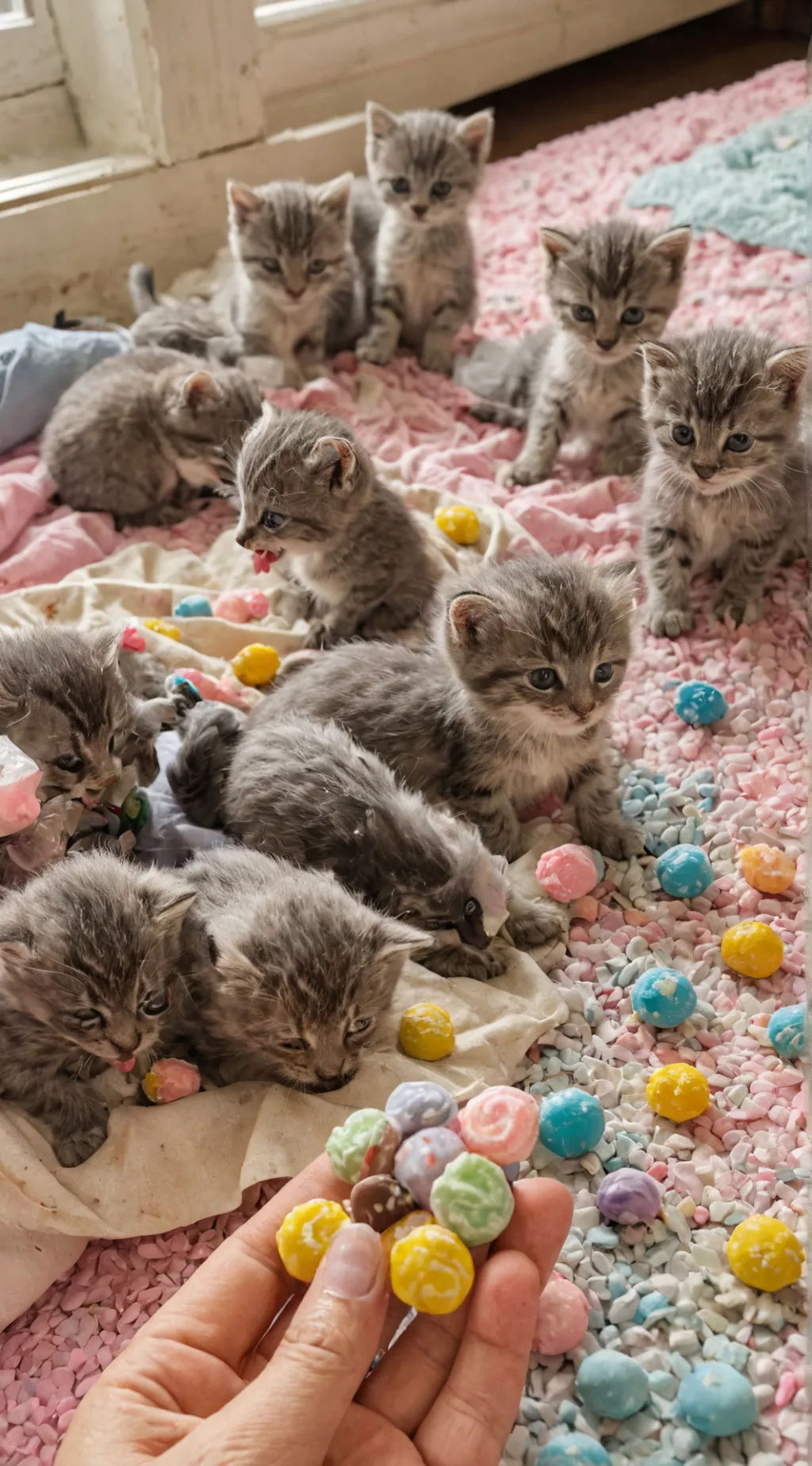 ai character: kittens eating 🍭 background