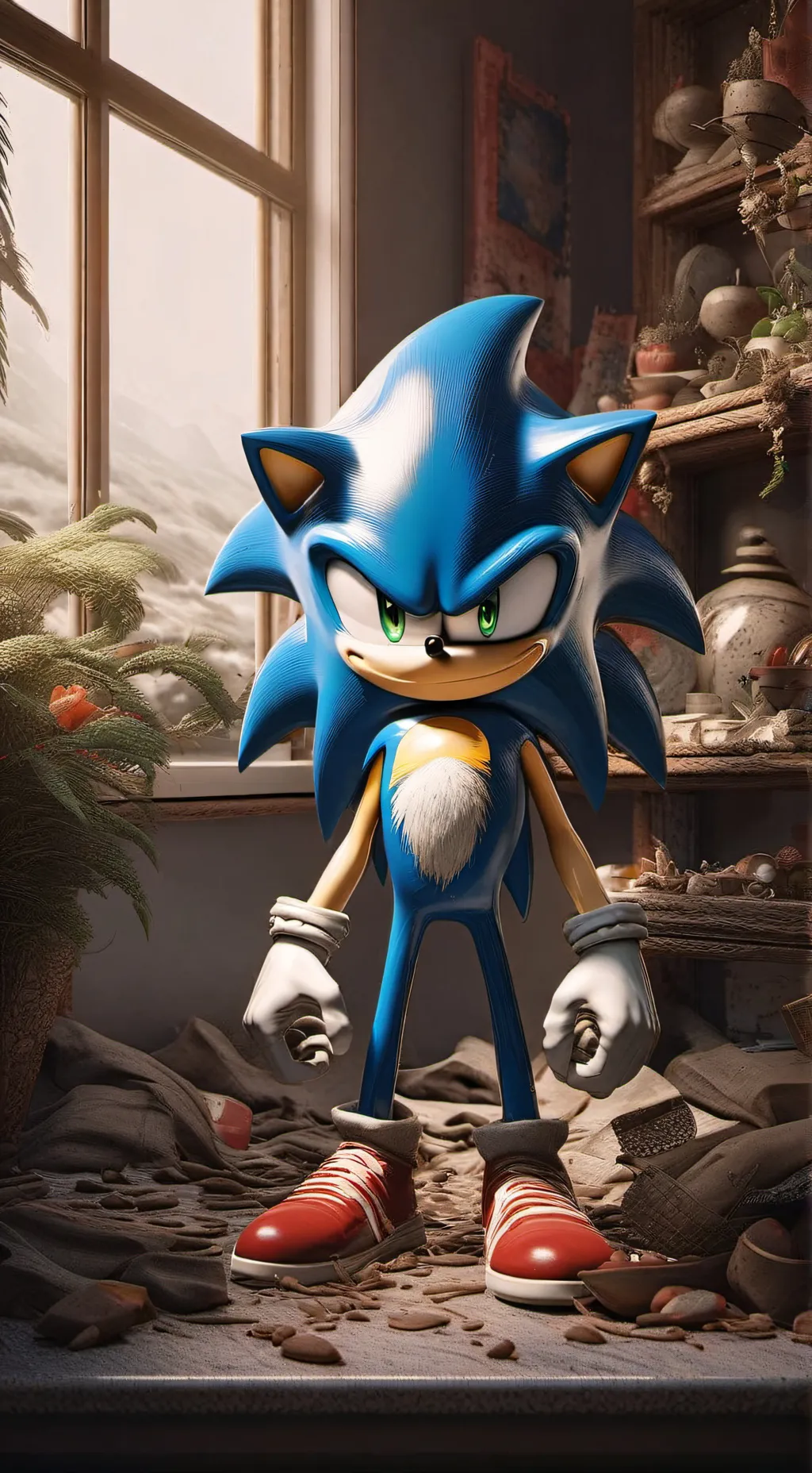 ai character: sonic in his house background
