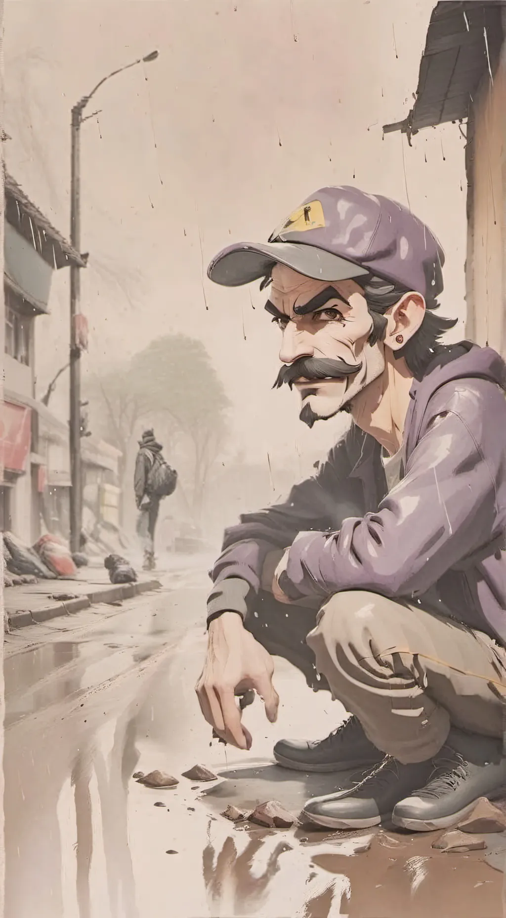 ai character: Homeless waluigi background