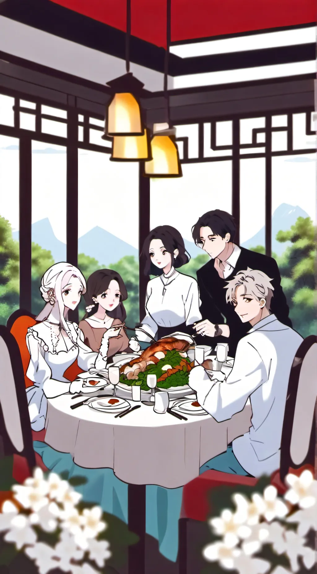 ai character: Family in restraun background