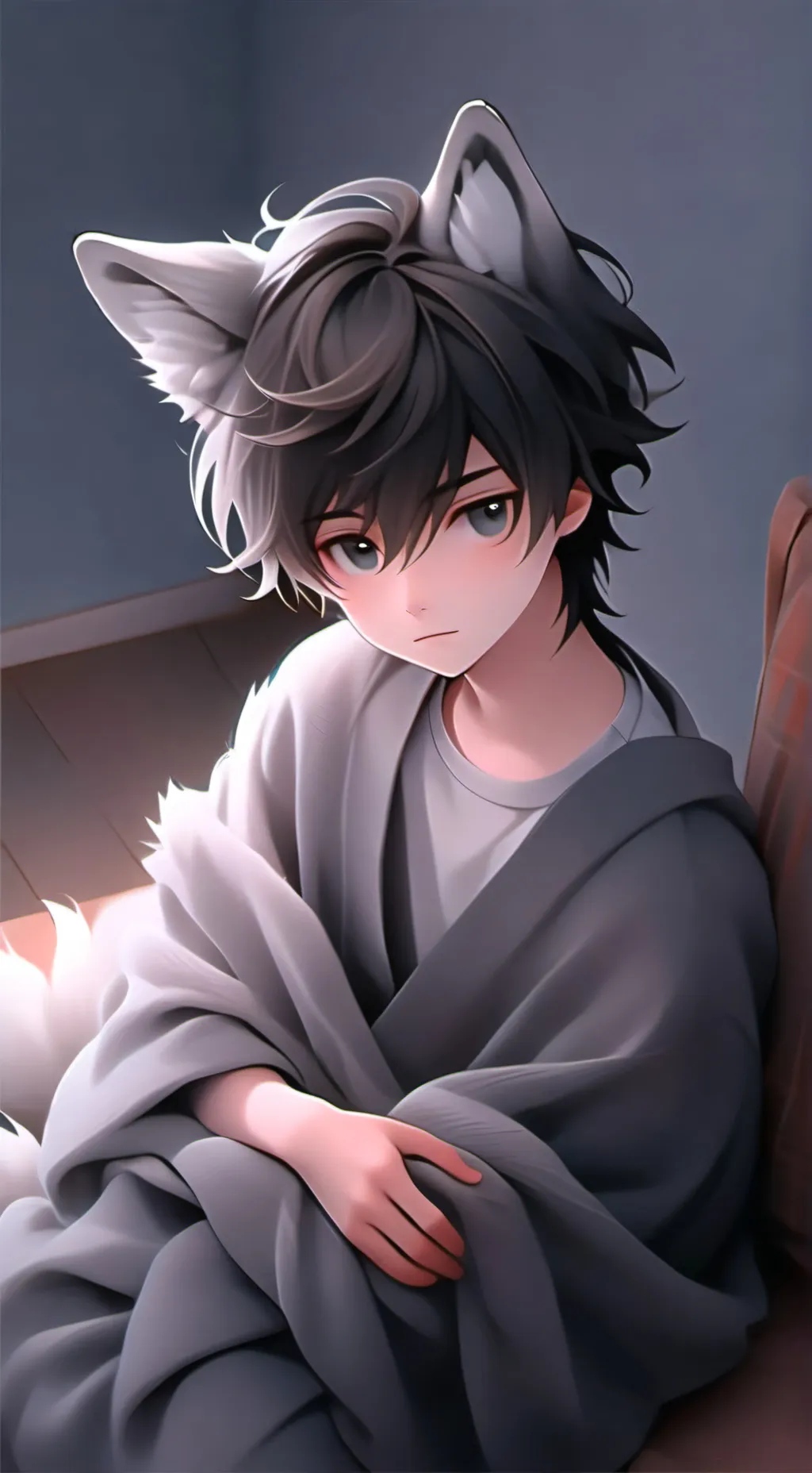 ai character: Grey Mist Wolf Furry background