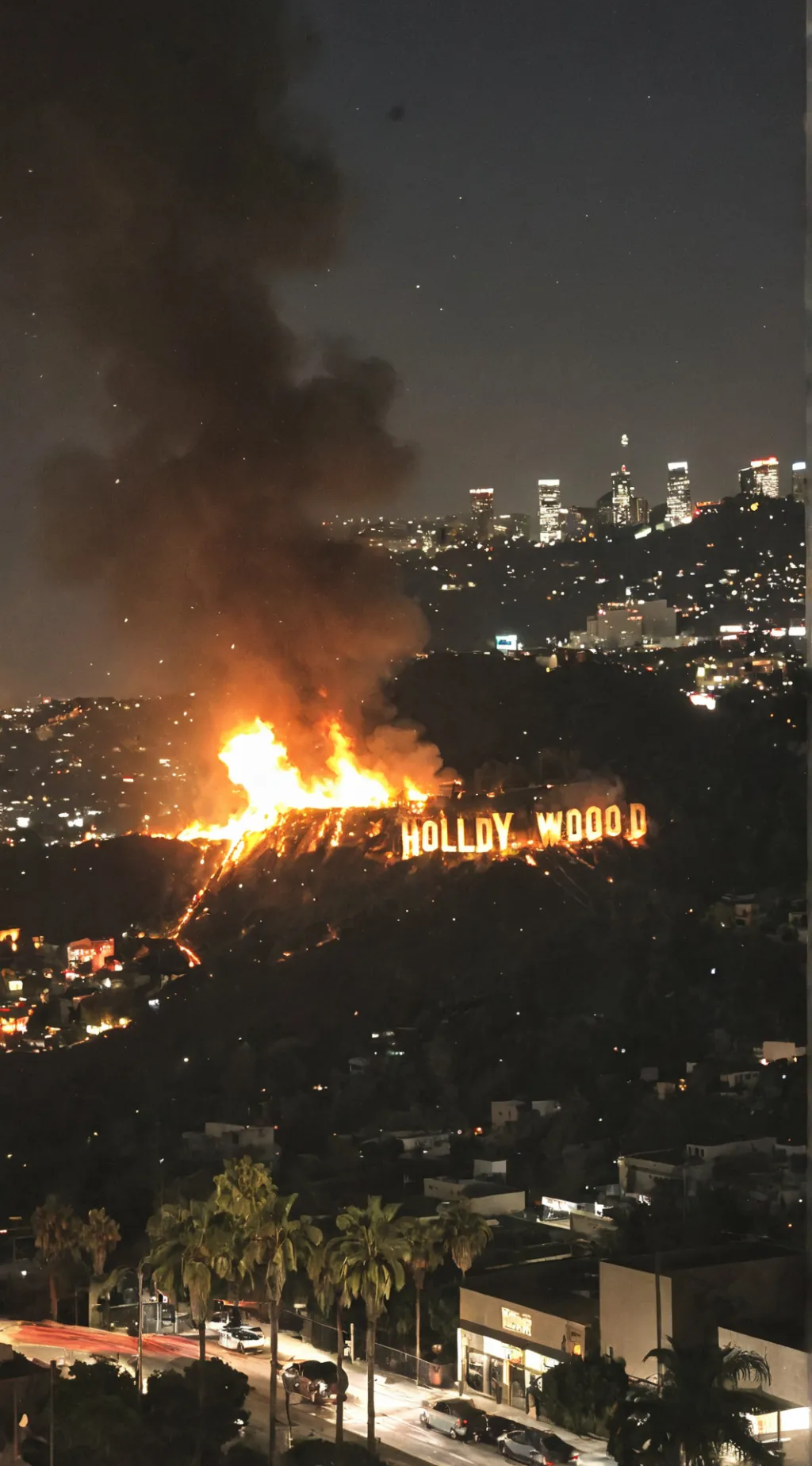 ai character: Burning Hollywood background