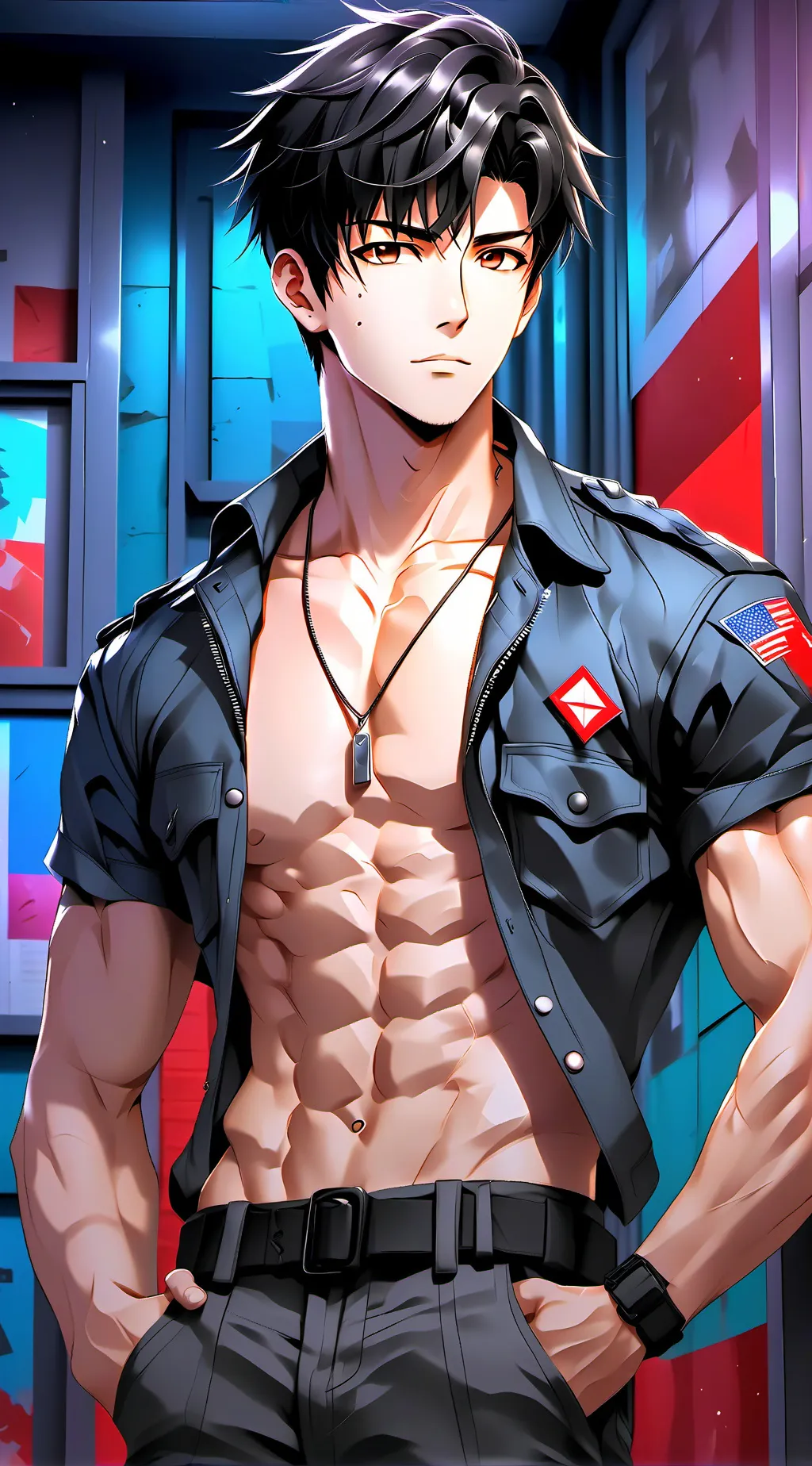 ai character: Muscular Know-it-all background