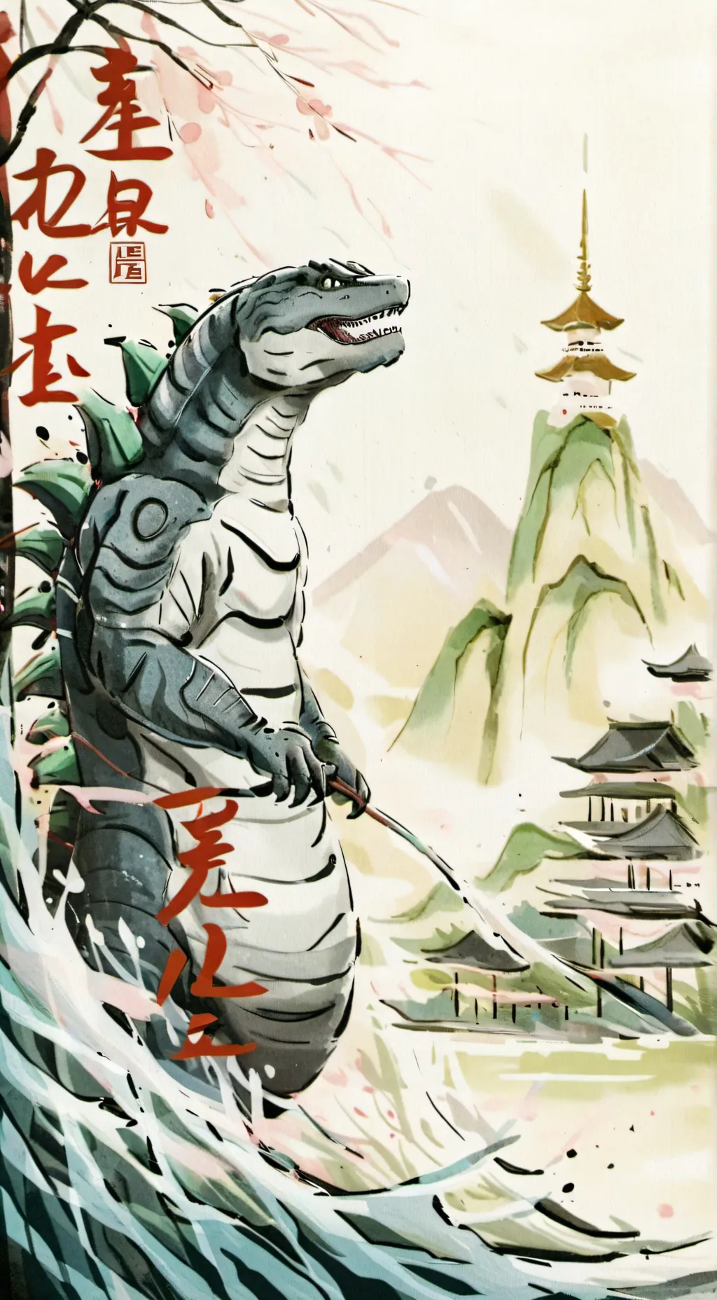 ai character: Godzilla  background