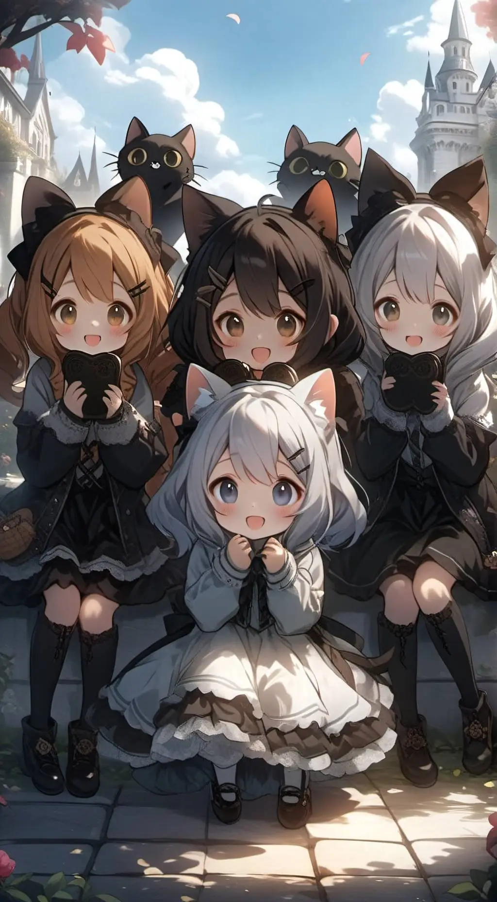 ai character: 5 catgirls  background