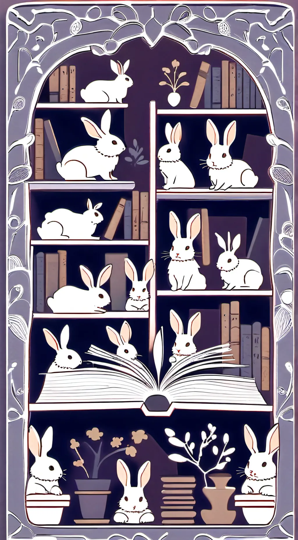 ai character: book shelf bunnys background