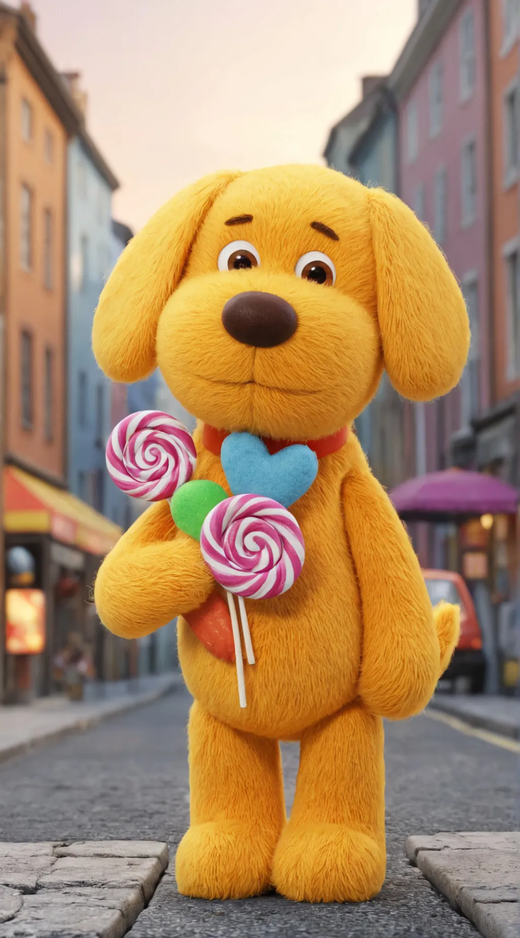 ai character: Dog Plush A Candy background