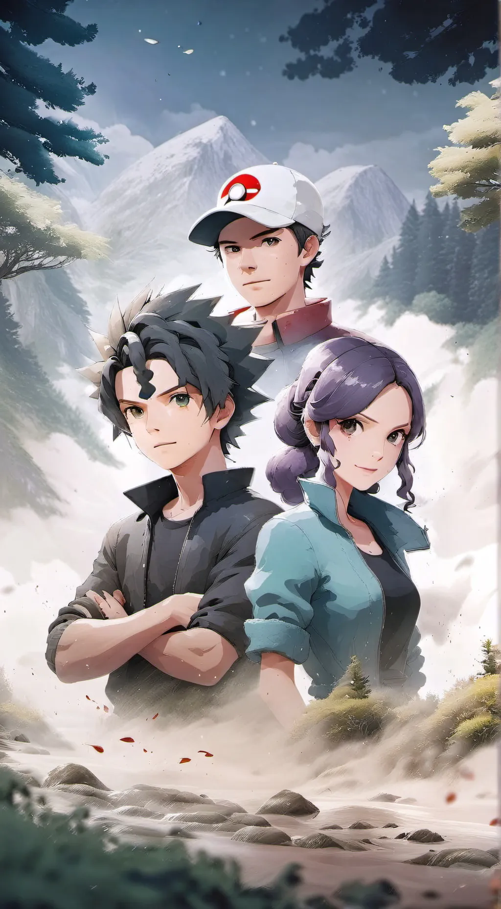 ai character: Ash,Misty,Brock background