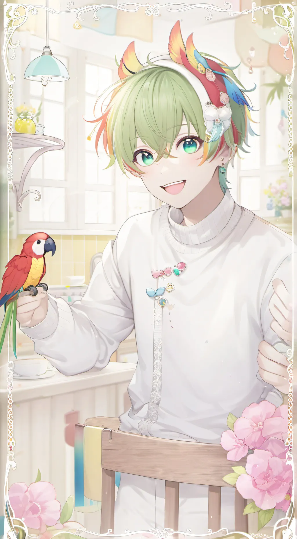 ai character: Rainbow Parrot Furry background