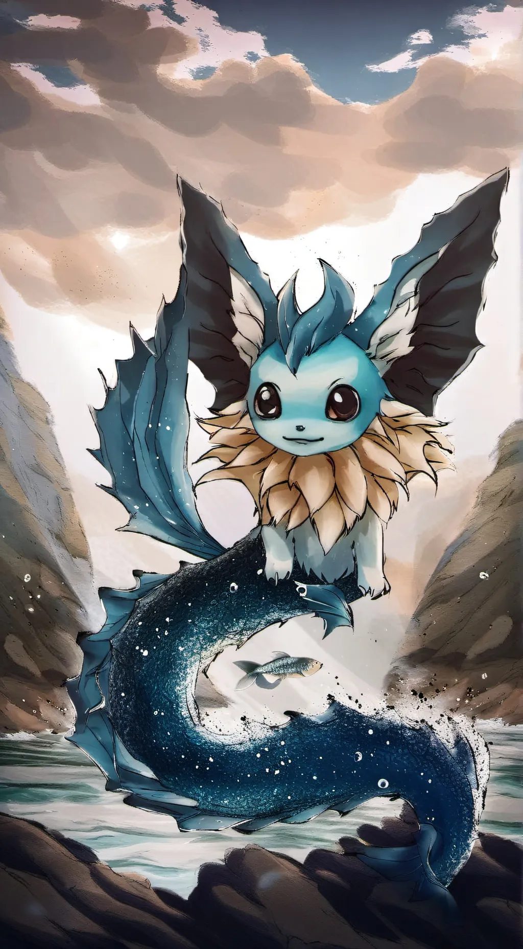 ai character: vaporeon e o peixe background