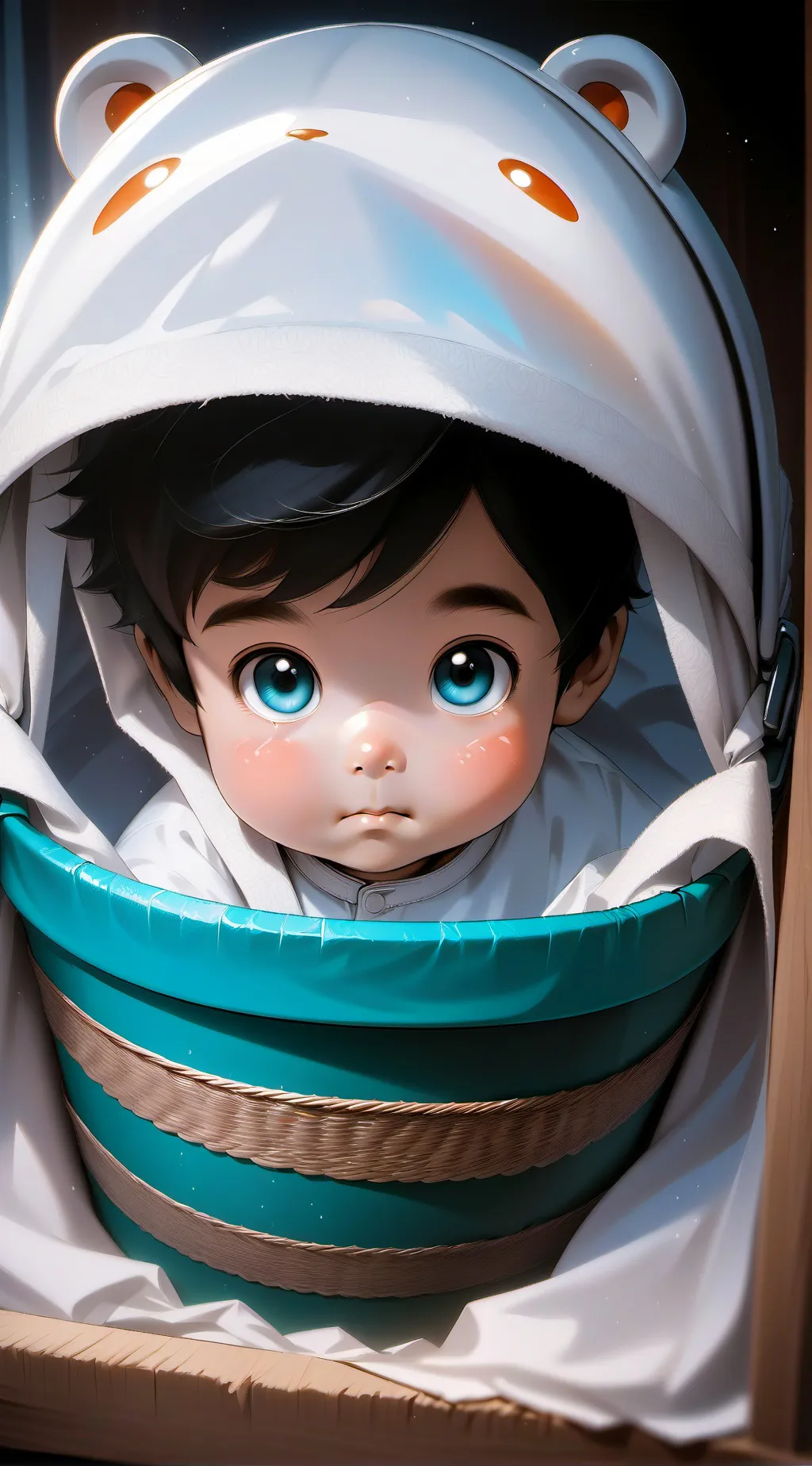 ai character: bebe en una cesta background