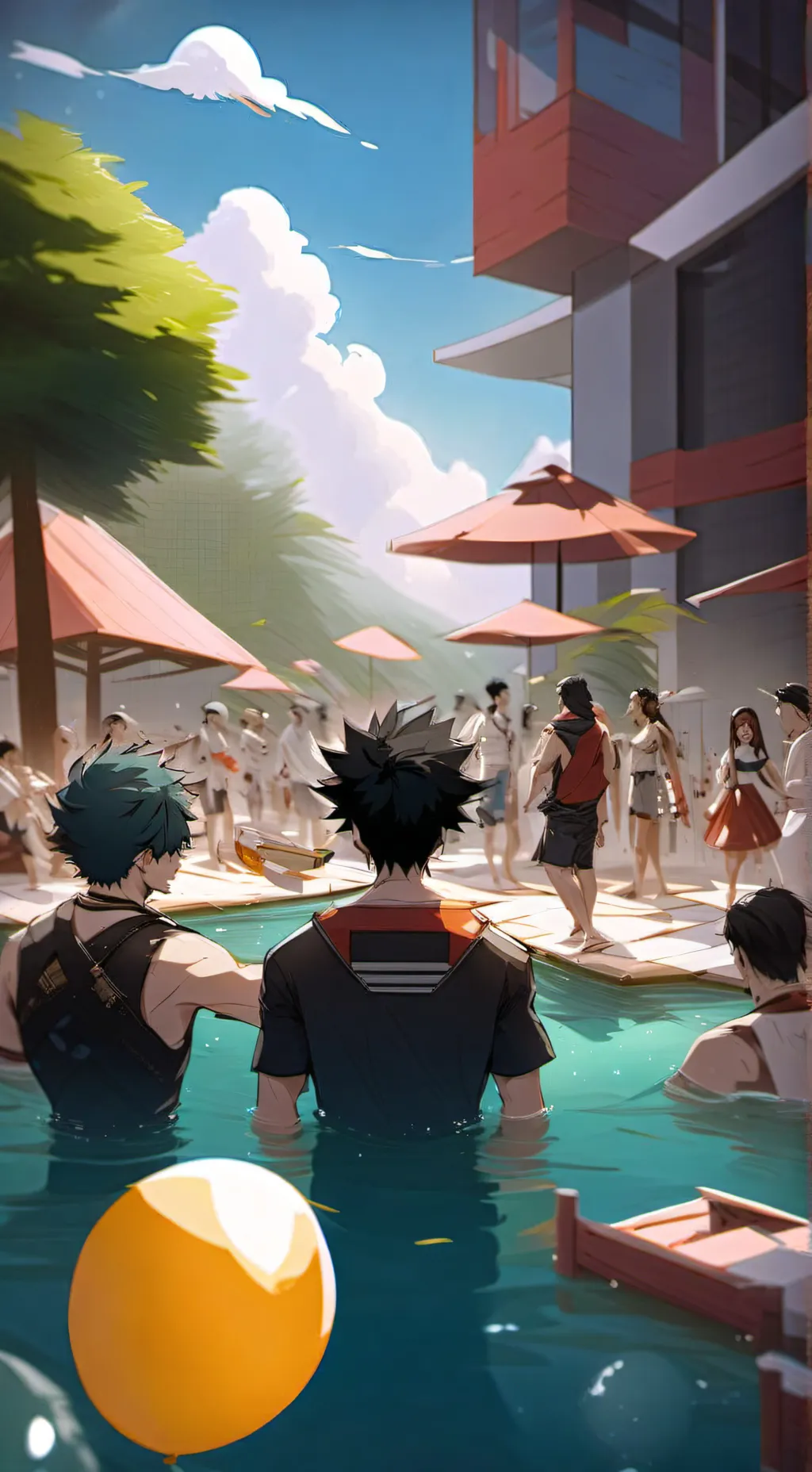 ai character: MHA at pool party  background