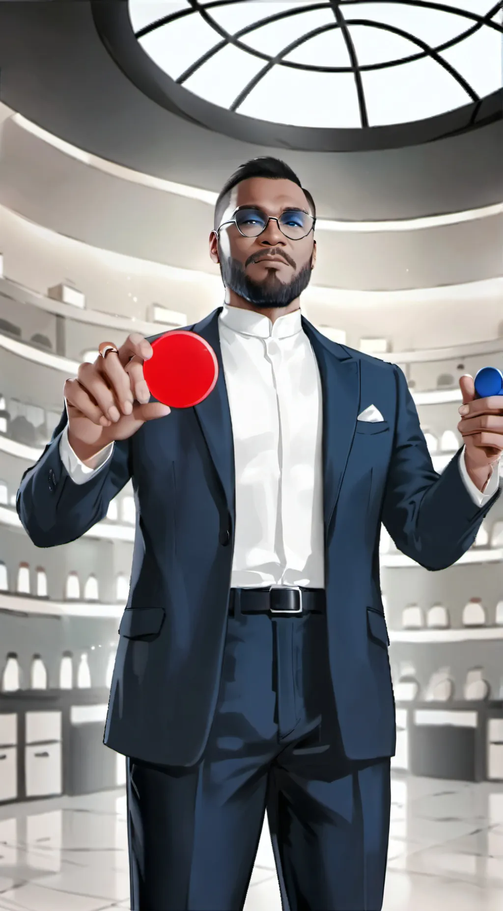 ai character: red pill blue pill background