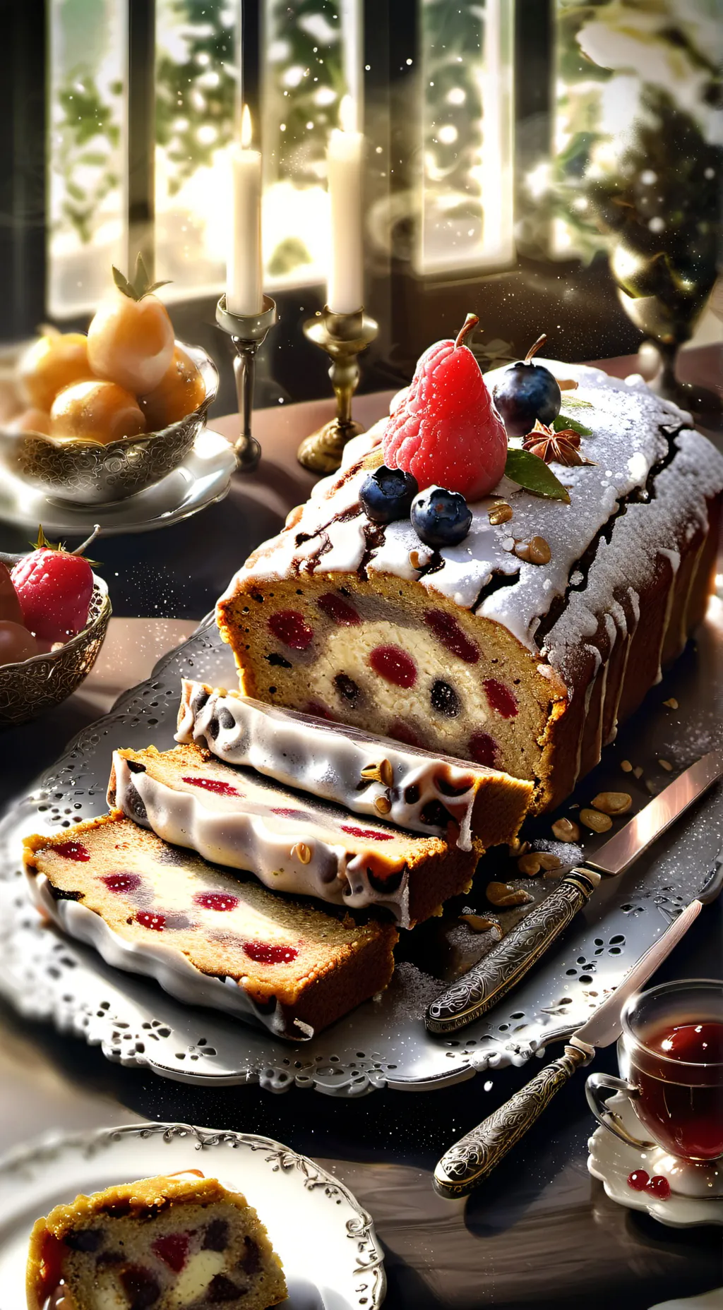 ai character: fruit cake  background