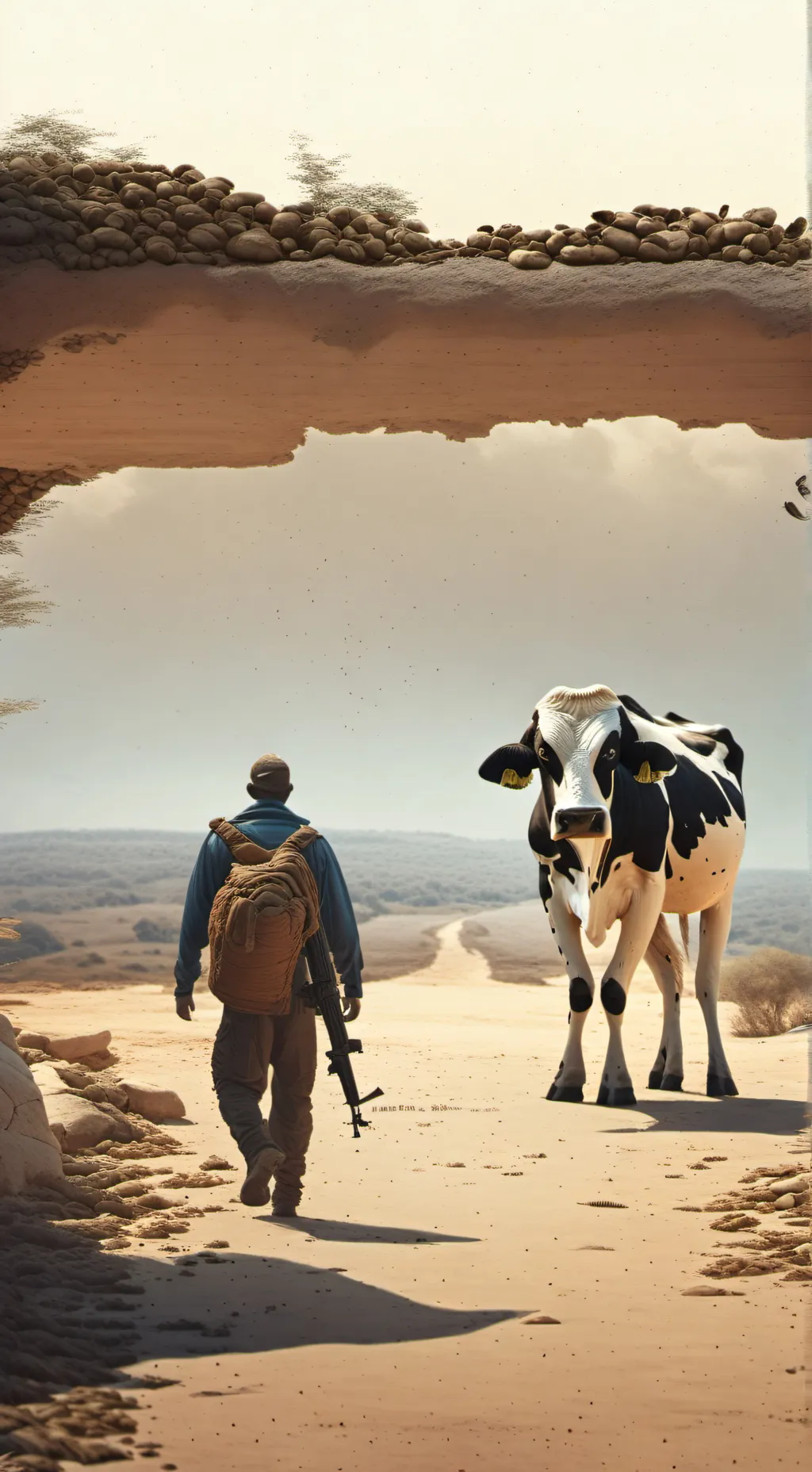 ai character: VACA CON AK 47 background