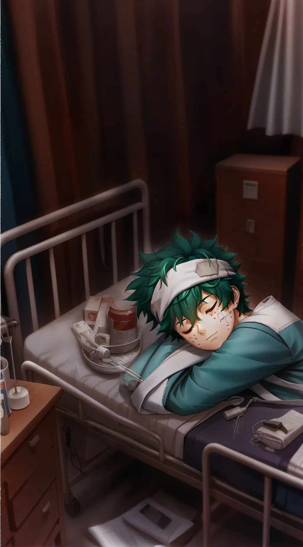 ai character: Deku in hospital background