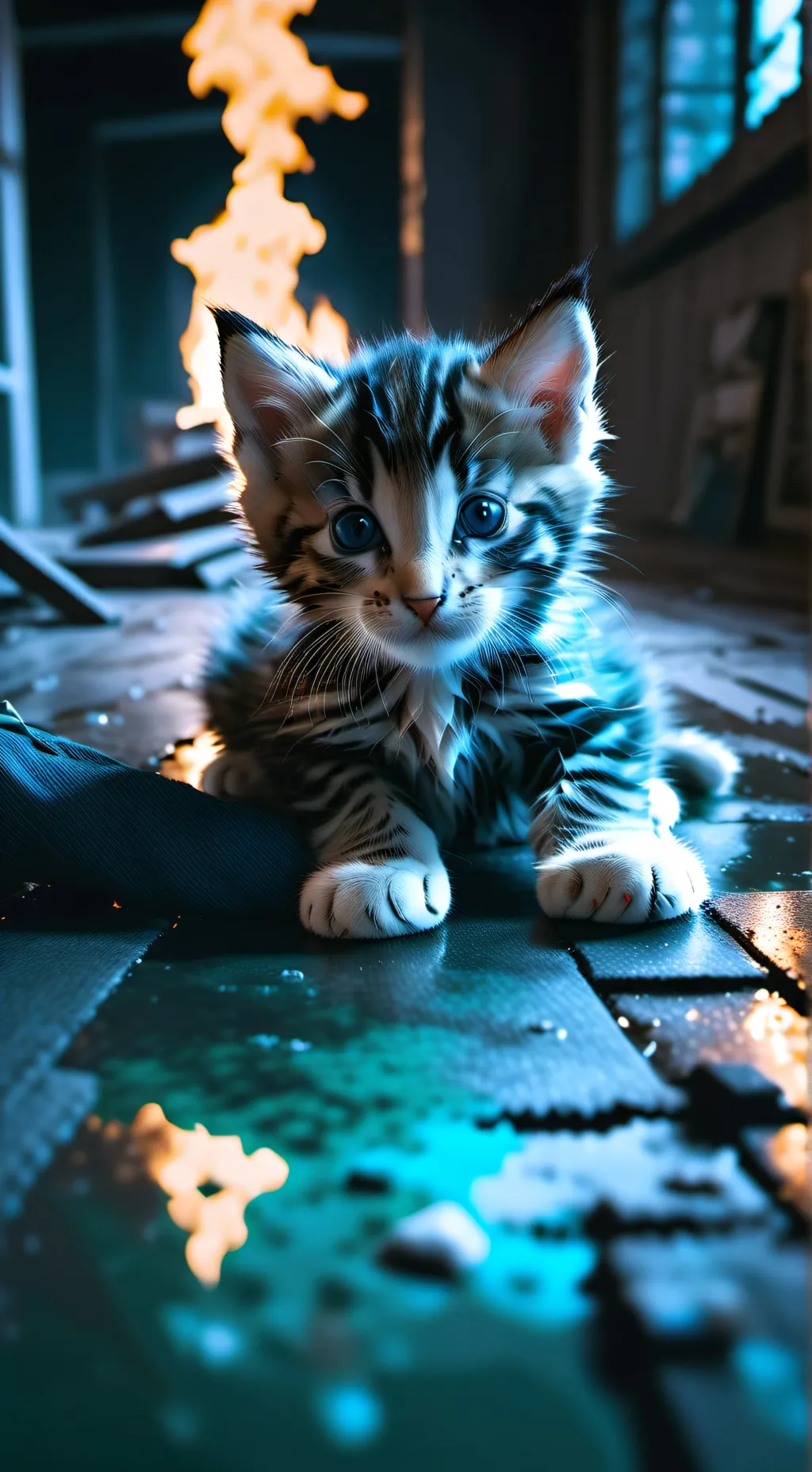 ai character: House fire kitten background