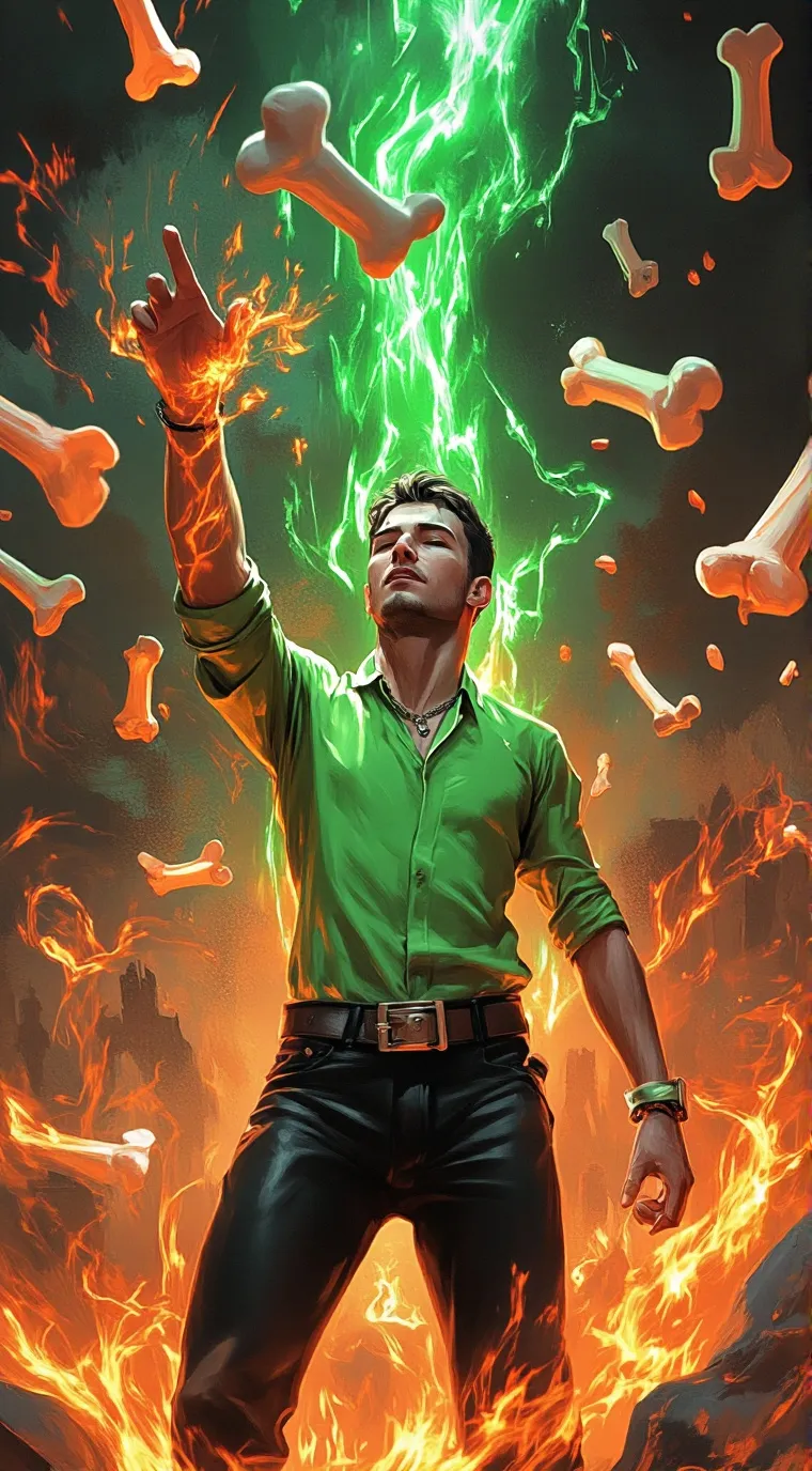 ai character: green fire  background