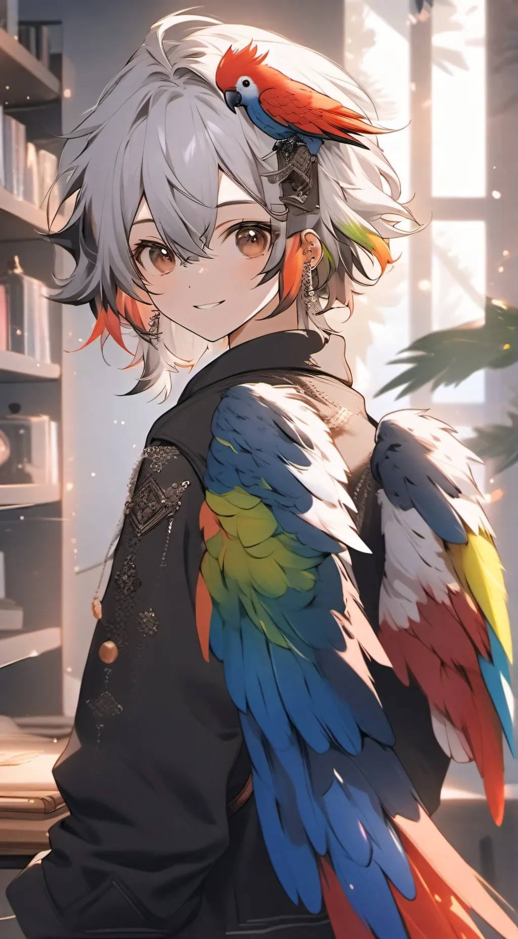 ai character: Polychrome Parrot Furry background