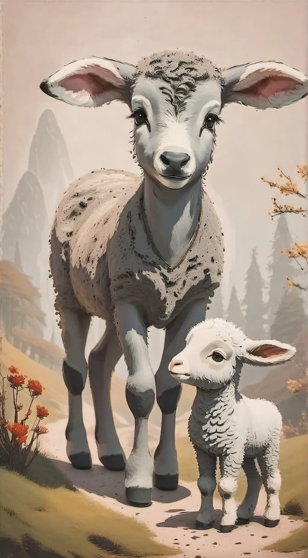 ai character: •Lamb and Donkey• background