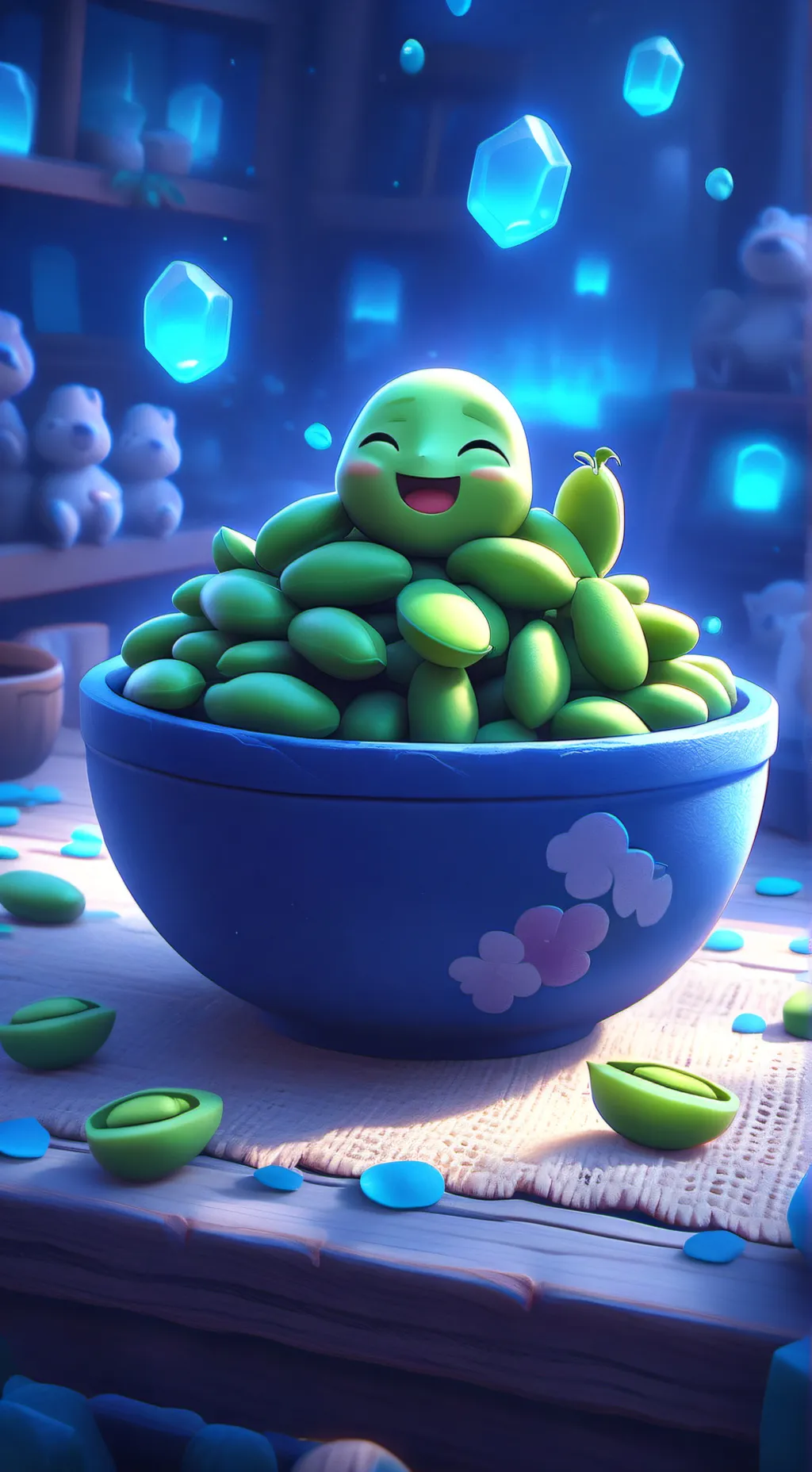 ai character: Baby edamame  background