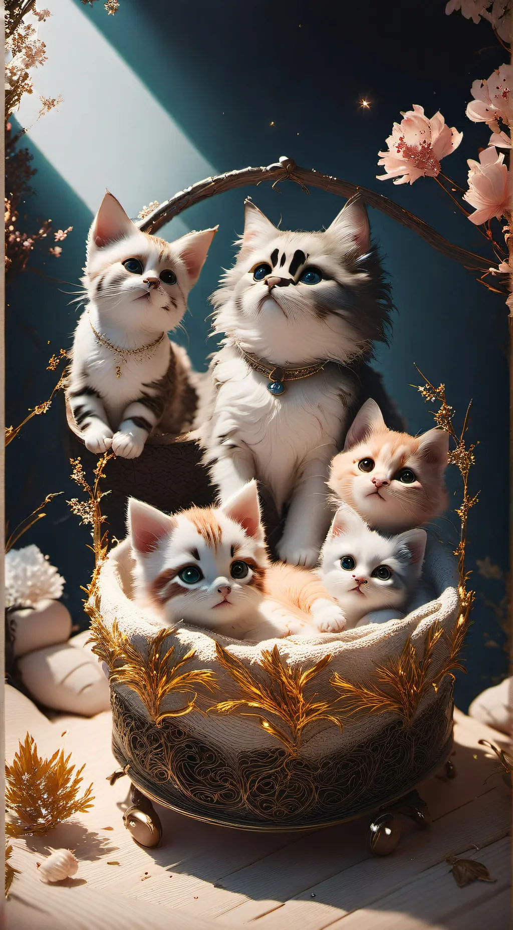 ai character: 6 kittys 1 baby background