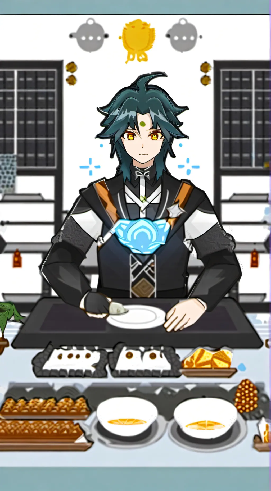 ai character: Xiao at a party background