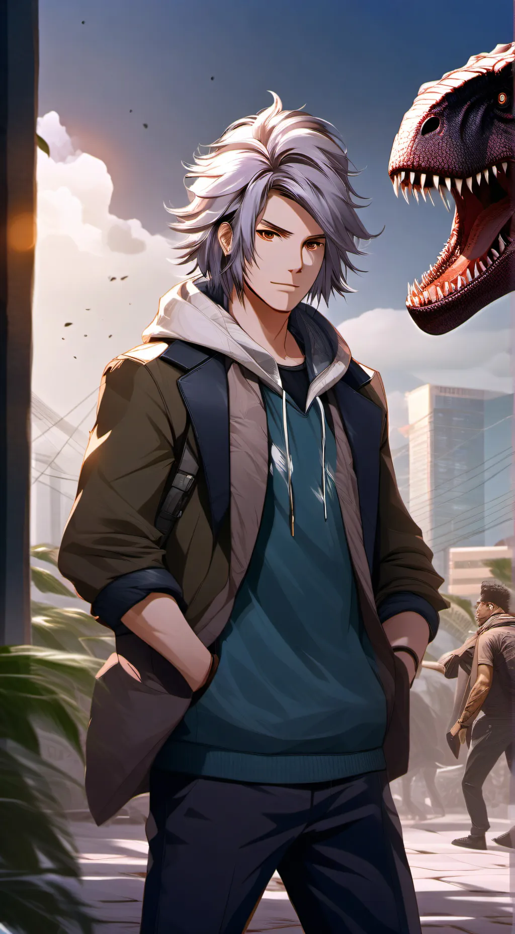ai character: T-Rex scammer background