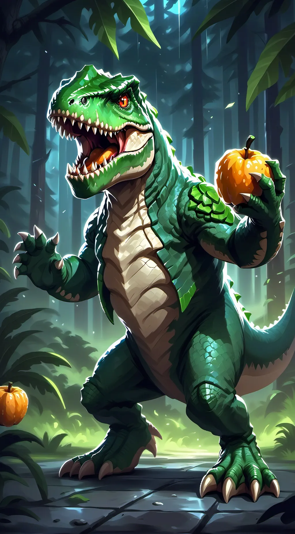 ai character: T-Rex fruit background