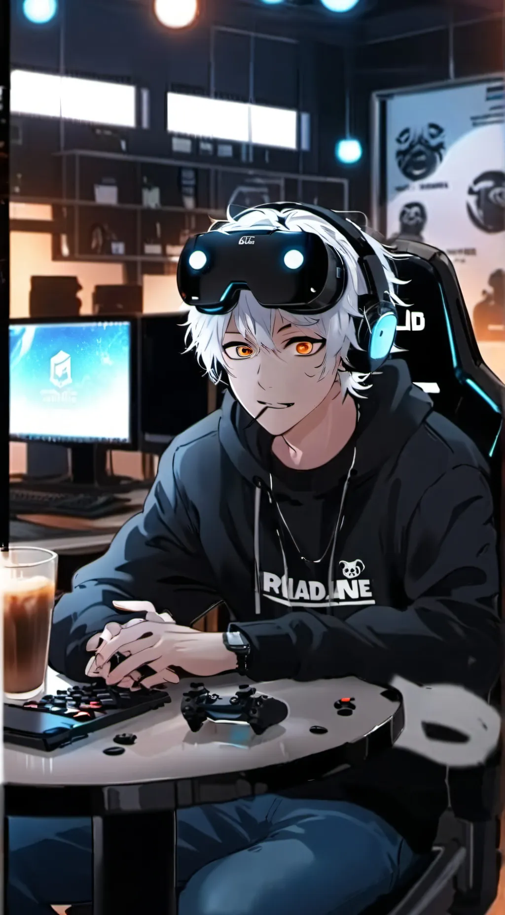 ai character: The Virtual Reality Café Enthusiast background